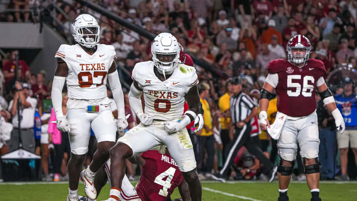 Texas Longhorns linebacker Anthony Hill Jr. (0) celebrates a sack during the game against Alabama at Bryant-Denny Stadium on Saturday, Sep. 9, 2023 in Tuscaloosa, Alabama.