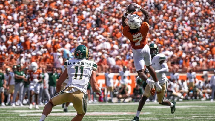 Texas Longhorns receiver Isaiah Bond (7) catches a pass during the game against Colorado State at Darrell K Royal-Texas Memorial Stadium in Austin Saturday, Aug. 31, 2024.