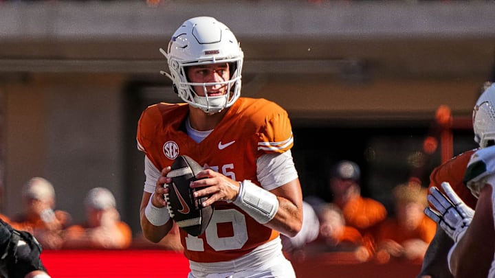 Texas Longhorns quarterback Arch Manning (16) looks for an open receiver during the game against Colorado State at Darrell K Royal-Texas Memorial Stadium in Austin Saturday, Aug. 31, 2024.