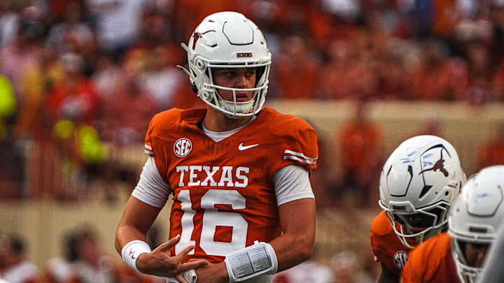 Texas Longhorns quarterback Arch Manning (16) lines up for a snap during the game against UTSA at Darrell K Royal-Texas Memorial Stadium in Austin Saturday, Sept. 14, 2024.