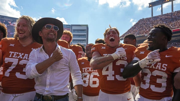 Actor Matthew McConaughey and the Texas Longhorns celebrate the 33-30 win over Kansas State at Royal-Memorial Stadium on Saturday, Nov. 4, 2023 in Austin.