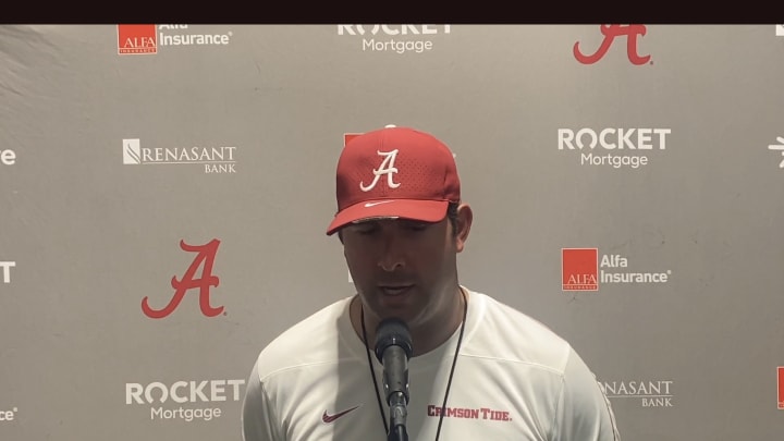 Alabama OC Nick Sheridan speaks after practice on August 3, 2024