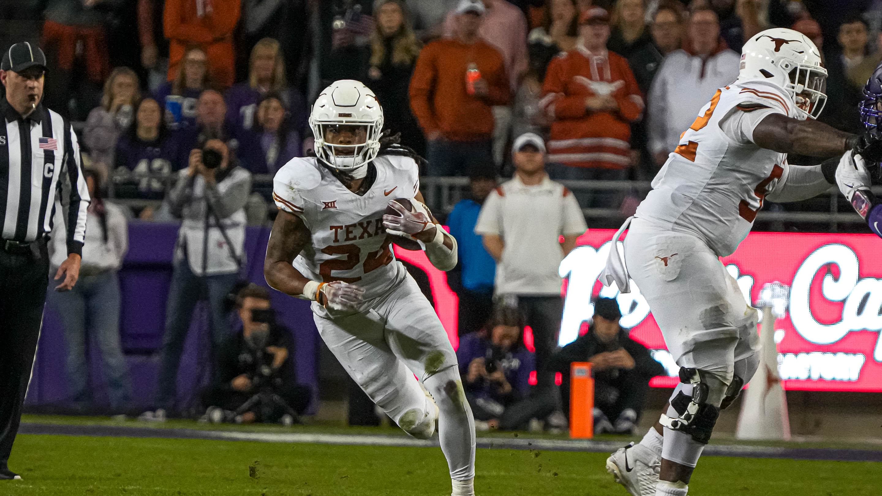 Nov 11, 2023; Fort Worth, Texas, USA; Texas Longhorns running back Jonathon Brooks (24) runs the