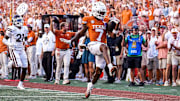 Texas Longhorns receiver Isaiah Bond (7) runs the ball into the endzone for a touchdown during the game against Mississippi State at Darrell K Royal-Texas Memorial Stadium in Austin Saturday, Sept. 28, 2024.