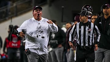 Texas A&M head coach Mike Elko reacts to an overturned tageting call against the Texas Longhorns during the Lone Star Showdown at Kyle Field on Saturday, Nov. 30, 2024 in College Station, Texas.