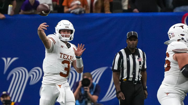 Texas Longhorns quarterback Quinn Ewers (3) throws a pass during the Sugar Bowl College Football Playoff semifinals game against the Washington Huskies at the Caesars Superdome on Monday, Jan. 1, 2024 in New Orleans, Louisiana.