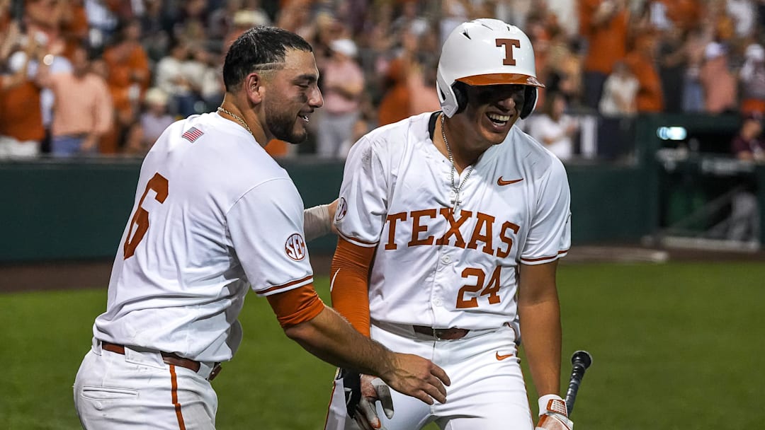 Texas Longhorns catcher Rylan Galvan (6) and infielder Adrian Rodriguez (24) celebrate a home run by outfielder Tommy Farmer IV (43) during the Lone Star Showdown against Texas A&M at UFCU Disch-Falk Field on Friday, April 25, 2025.