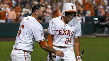 Texas Longhorns catcher Rylan Galvan (6) and infielder Adrian Rodriguez (24) celebrate a home run by outfielder Tommy Farmer IV (43) during the Lone Star Showdown against Texas A&M at UFCU Disch-Falk Field on Friday, April 25, 2025.