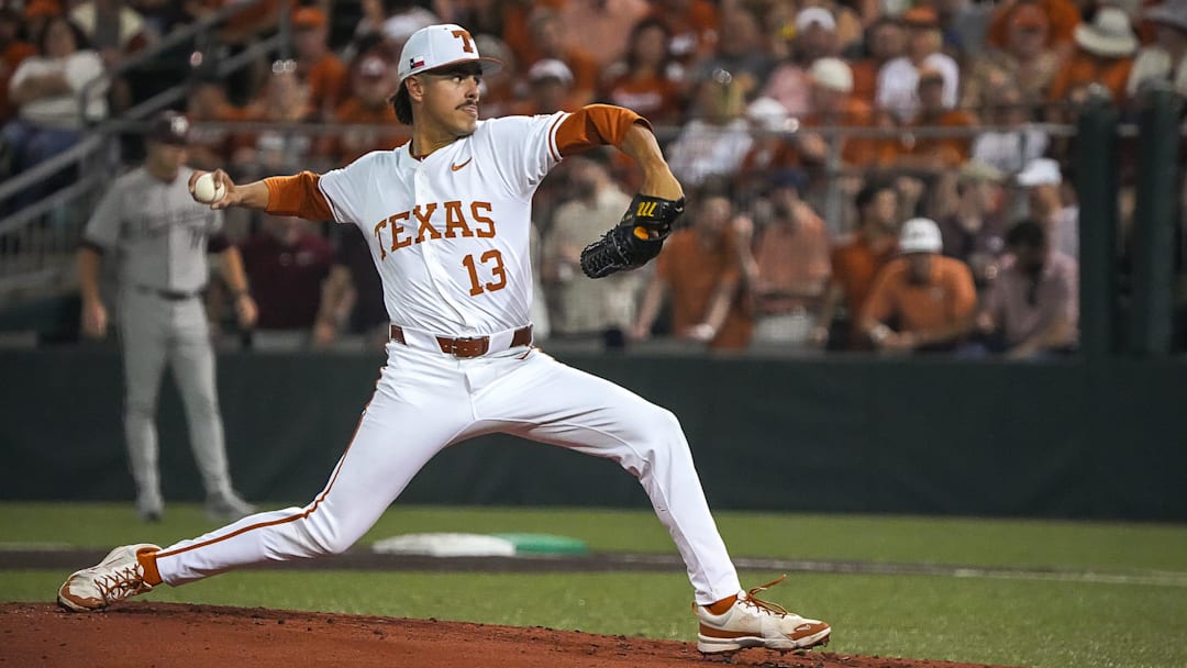 Texas Longhorns pitcher Ruger Riojas (13) throws a pitch during the Lone Star Showdown against Texas A&M at UFCU Disch-Falk Field on Friday, April 25, 2025. Texas Longhorns pitcher Ruger Riojas (13) throws a pitch during the Lone Star Showdown against Texas A&M at UFCU Disch-Falk Field on Friday, April 25, 2025.