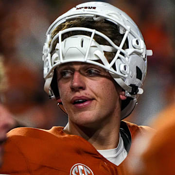 Sep 14, 2024; Austin, Texas, USA; Texas Longhorns quarterback Arch Manning (16) walks the field after the win over UTSA  at Darrell K Royal–Texas Memorial Stadium. Mandatory Credit: Aaron E. Martinez/USA TODAY Network via Imagn Images