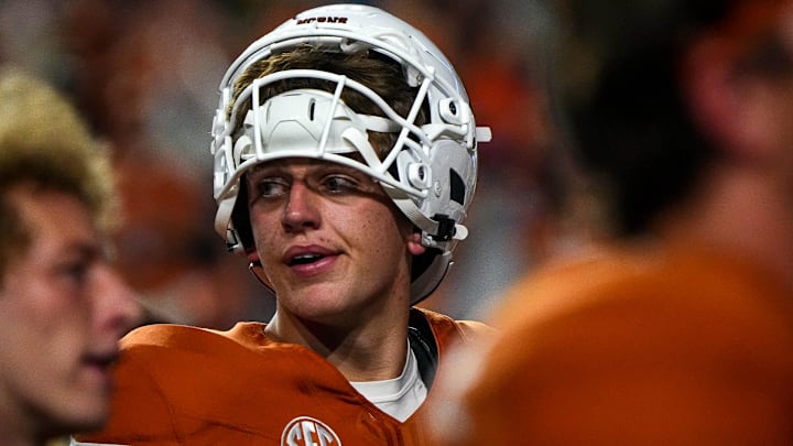 Sep 14, 2024; Austin, Texas, USA; Texas Longhorns quarterback Arch Manning (16) walks the field after the win over UTSA  at Darrell K Royal–Texas Memorial Stadium. Mandatory Credit: Aaron E. Martinez/USA TODAY Network via Imagn Images