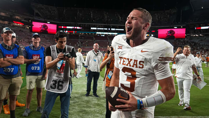 Texas Longhorns quarterback Quinn Ewers (3) celebrates the 34-24 win over Alabama at Bryant-Denny Stadium on Saturday, Sep. 9, 2023 in Tuscaloosa, Alabama.