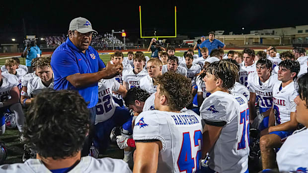 Westlake coach Tony Salazar talks after the 41-26 win over Steele at Lehnoff Stadium on Friday, Sept. 20, 2024.