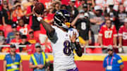 Sep 28, 2025; Kansas City, Missouri, USA; Baltimore Ravens quarterback Lamar Jackson (8) throws a pass during the second quarter against the Kansas City Chiefs at GEHA Field at Arrowhead Stadium. Mandatory Credit: Denny Medley-Imagn Images