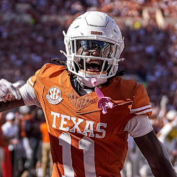 Texas Longhorns receiver Silas Bolden (11) celebrates a touchdown during the game against Colorado State at Darrell K Royal-Texas Memorial Stadium in Austin Saturday, Aug. 31, 2024.