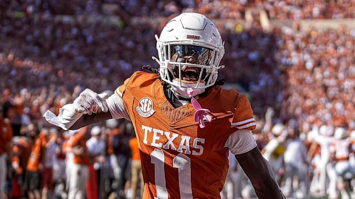 Texas Longhorns receiver Silas Bolden (11) celebrates a touchdown during the game against Colorado State at Darrell K Royal-Texas Memorial Stadium in Austin Saturday, Aug. 31, 2024.