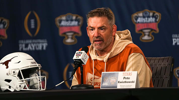 Texas Longhorns defensive coordinator Pete Kwiatkowski speaks to media at the Sheraton Hotel on Thursday, Dec. 28, 2023 in New Orleans, Louisiana. The Texas Longhorns will face the Washington Huskies in the Sugar Bowl on January 1, 2024.
