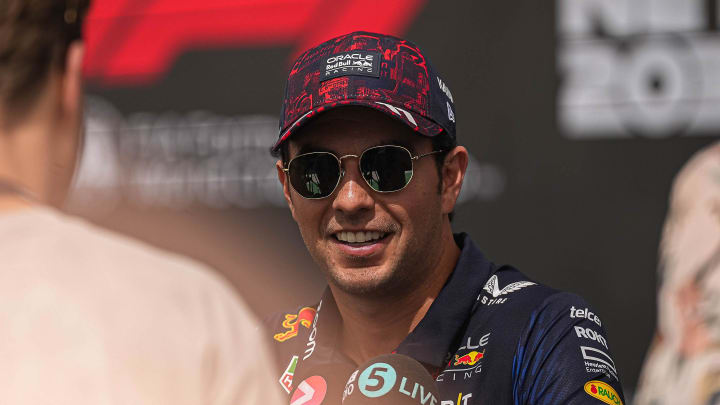 Oracle Red Bull driver Sergio Perez is interviewed in the paddock area at Circuit of Americas on