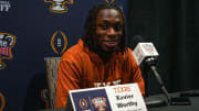 Texas Longhorns wide receiver Xavier Worthy (1) speaks to media at the Sheraton Hotel on Friday,