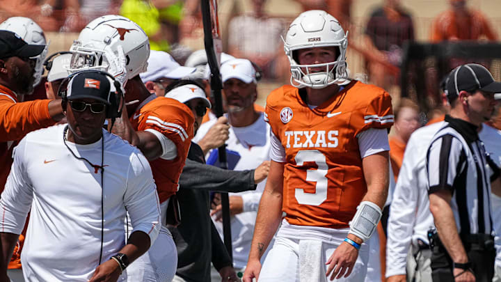 Texas Longhorns quarterback Quinn Ewers (3) walks off the feild after an interception during the game against Colorado State at Darrell K Royal-Texas Memorial Stadium in Austin Saturday, Aug. 31, 2024.