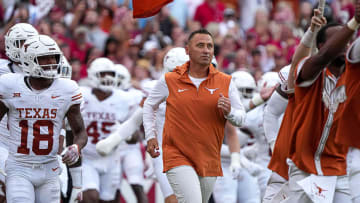 Texas Longhorns head coach Steve Sarkisian leads his team onto the field ahead of the game against Alabama at Bryant-Denny Stadium on Saturday, Sep. 9, 2023 in Tuscaloosa, Alabama.