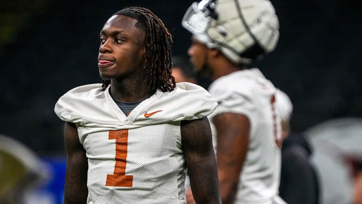 Texas Longhorns wide receiver Xavier Worthy (1) walks the field during practice at the Superdome on Saturday, Dec. 30, 2023 in New Orleans, Louisiana. The Texas Longhorns will take on the Washington Huskies in the College Football Playoff Semi-Finals on January 1, 2024.