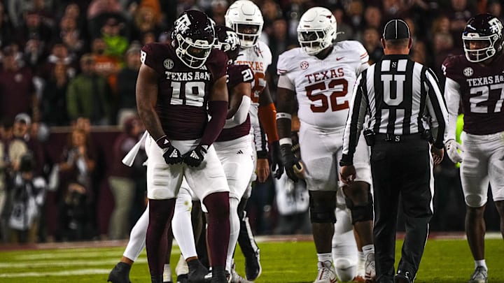 Texas A&M defensive lineman Cashius Howel celebrates a stop during the Lone Star Showdown against the Texas Longhorns. Texas A&M defensive lineman Cashius Howel celebrates a stop during the Lone Star Showdown against the Texas Longhorns.