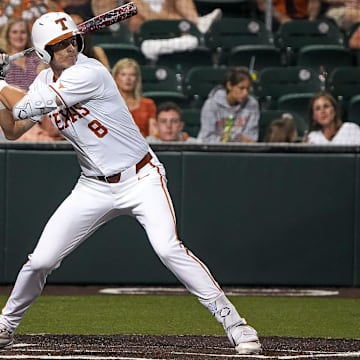 Texas Longhorns outfielder Will Gasparino (8) steps up to bat during the Lone Star Showdown against Texas A&M at UFCU Disch-Falk Field on Friday, April 25, 2025.