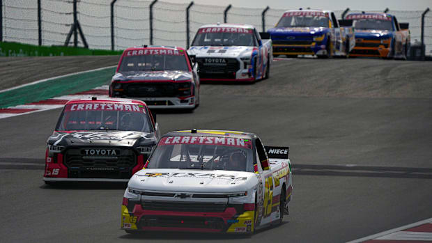 Ross Chastain leads a group of trucks during the NASCAR Craftsman Truck Series Xpel 225 at the Circuit of The Americas.