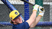 Milwaukee Brewers shortstop Cooper Pratt hits in the batting cage during spring training workouts Monday, February 17, 2025, at American Family Fields of Phoenix in Phoenix, Arizona.