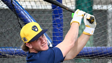 Milwaukee Brewers shortstop Cooper Pratt hits in the batting cage during spring training workouts Monday, February 17, 2025, at American Family Fields of Phoenix in Phoenix, Arizona.