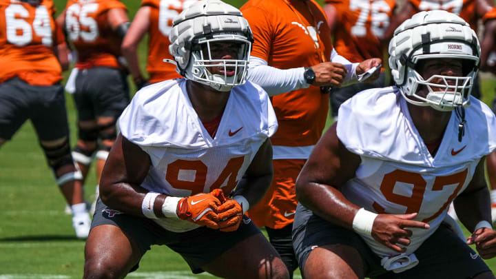 Jaray Bledsoe (94) defensive lineman for the Texas Longhorns warms up at practice at Frank Denius Fields on Thursday, Aug. 1, 2024 in Austin.