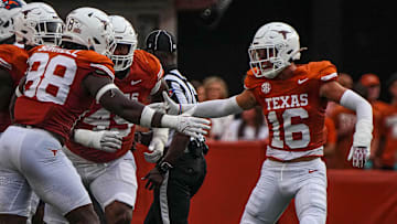 Sep 14, 2024; Austin, Texas, USA; Texas Longhorns defensive back Michael Taaffe (16) and edge Barryn Sorrell (88) celebrate a fourth down stop during the game against UTSA at Darrell K Royal–Texas Memorial Stadium.