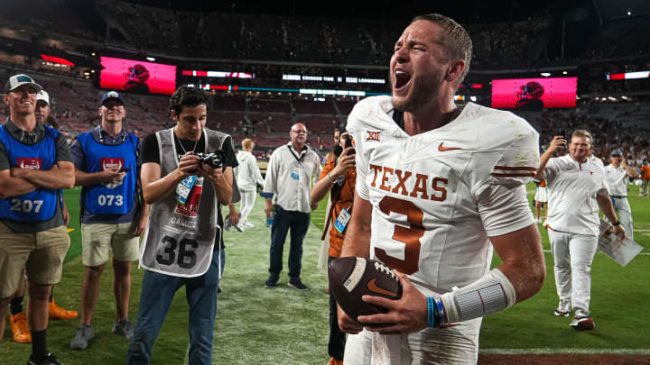 Texas Longhorns quarterback Quinn Ewers (3) celebrates the 34-24 win over Alabama at Bryant-Denny Stadium on Saturday, Sep. 9, 2023 in Tuscaloosa, Alabama.