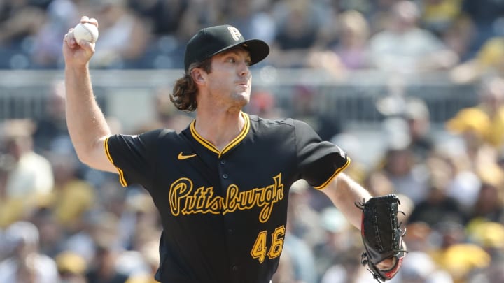 Aug 4, 2024; Pittsburgh, Pennsylvania, USA;  Pittsburgh Pirates relief pitcher Jake Woodford (46) pitches against the Arizona Diamondbacks during the seventh inning at PNC Park. Arizona won 6-5. Mandatory Credit: Charles LeClaire-USA TODAY Sports