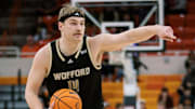 Wofford Terriers center Kyler Filewich sets the play during the second half against the Oklahoma State Cowboys.