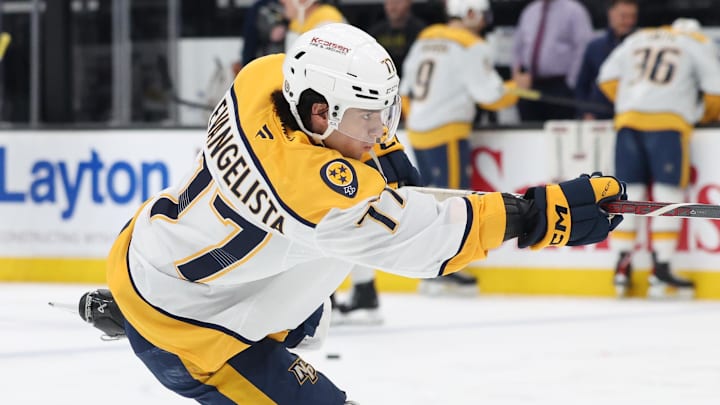 Apr 10, 2025; Salt Lake City, Utah, USA; Nashville Predators right wing Luke Evangelista warms up before a game against the Utah Hockey Club at Delta Center. Mandatory Credit: Rob Gray-Imagn Images