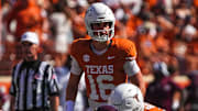 Texas Longhorns quarterback Arch Manning (16) lines up for a snap during the game against Mississippi State at Darrell K Royal-Texas Memorial Stadium in Austin Saturday, Sept. 28, 2024.