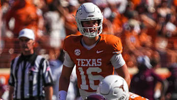 Texas Longhorns quarterback Arch Manning (16) lines up for a snap during the game against Mississippi State at Darrell K Royal-Texas Memorial Stadium in Austin Saturday, Sept. 28, 2024.
