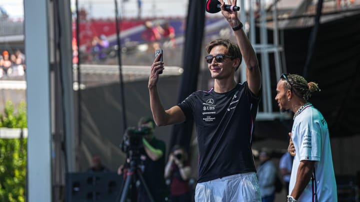 Mercedes AMG Petronas driver George Russell takes video of the crowd during driver engagements in the Germania Insurance Amphitheater at Circuit of Americas on Saturday Oct. 21, 2023 ahead of the Formula 1 Lenovo United States Grand Prix on Sunday.