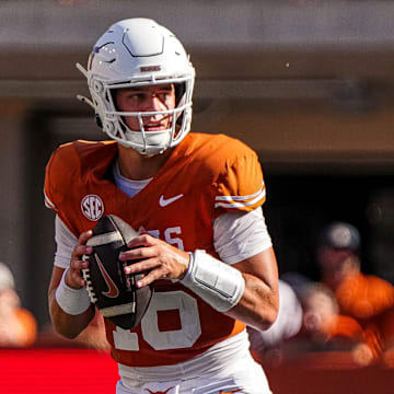 Texas Longhorns quarterback Arch Manning (16) looks for an open receiver during the game against Colorado State at Darrell K Royal-Texas Memorial Stadium in Austin Saturday, Aug. 31, 2024.