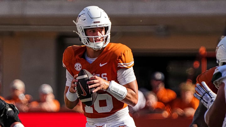 Texas Longhorns quarterback Arch Manning (16) looks for an open receiver during the game against Colorado State at Darrell K Royal-Texas Memorial Stadium in Austin Saturday, Aug. 31, 2024.