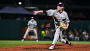 Texas A&M pitcher Weston Moss (21) throws a pitch during the Lone Star Showdown against Texas at UFCU Disch-Falk Field on Friday, April 25, 2025.