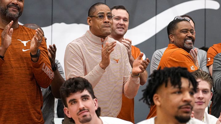 Texas Longhorns head coach Rodney terry applauds as the Longhorns are announced in the NCAA tournament selection show at the University of Texas at Austin basketball practice facility on Sunday, March 17, 2024. The Longhorns were selected as the seventh seed of the NCAA Midwest region where they will play Colorado State or Virginia in Charlotte, North Carolina.