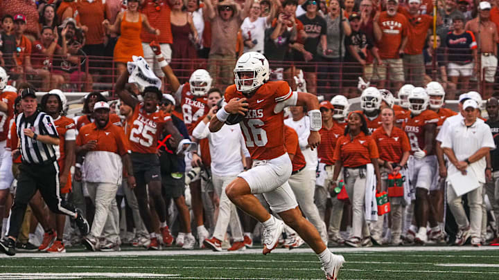 Texas Longhorns quarterback Arch Manning (16) runs the ball during the game against UTSA at Darrell K Royal-Texas Memorial Stadium in Austin Saturday, Sept. 14, 2024.