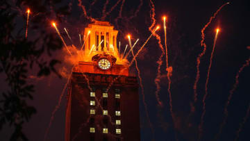 Fireworks erupt in front of the UT Tower during the SEC Celebration at the University of Texas at Austin on Sunday, June 30, 2024.