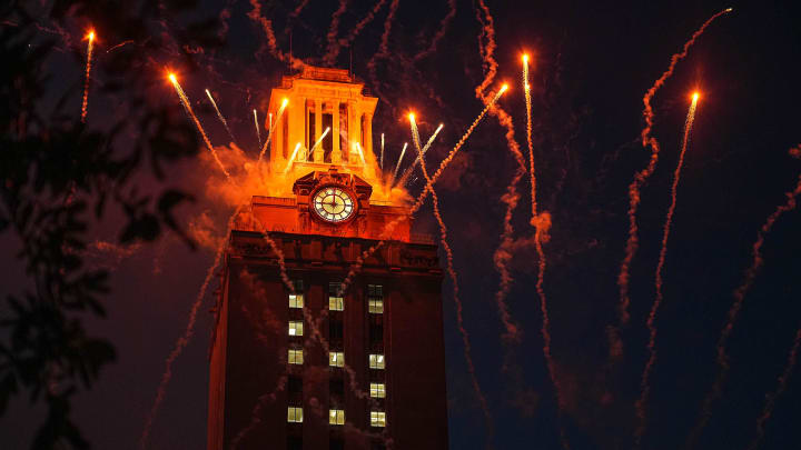 Fireworks erupt in front of the UT Tower during the SEC Celebration at the University of Texas at Austin on Sunday, June 30, 2024.