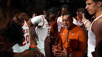 Texas Longhorns head coach Rodney Terry talks to his team ahead of the game against Georgia at the Moody Center on Saturday, March 1, 2025.