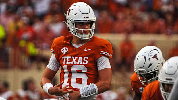 Texas Longhorns quarterback Arch Manning (16) lines up for a snap during a game against UTSA.