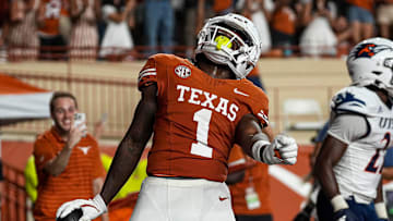 Texas Longhorns receiver Johntay Cook II (1) celebrates a touchdown catch during the game against UTSA at Darrell K Royal-Texas Memorial Stadium in Austin on Saturday, Sept. 14, 2024.